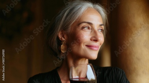 Close-up portrait of a middle-aged woman with short grey hair. she is wearing a black blouse and gold earrings.
