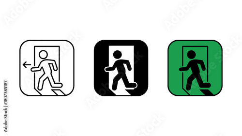 Emergency exit signs vector set illustrating people evacuating through a door in various styles: outline, solid black, and green safety signs
