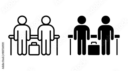 Modern vector illustration of two travelers with baggage, featuring both line art and solid filled style, perfect for airport, travel, and public transport designs.
