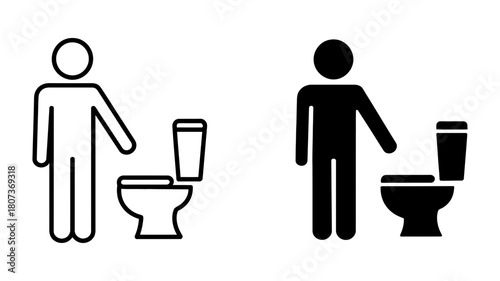 Male restroom icon set featuring outline and solid silhouette symbols for public facilities, men's toilet, and hygiene signage design