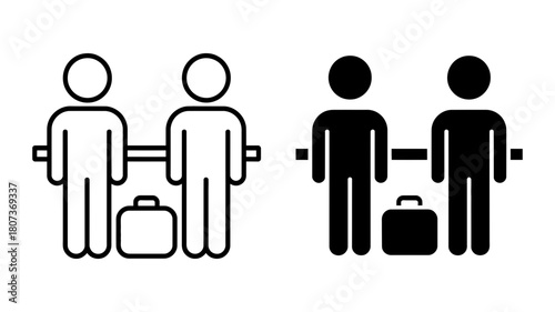 Minimalist vector icons of two passengers with luggage on a moving platform, depicting airport travel, baggage and efficient transport.