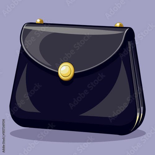 Elegant black leather handbag with golden clasp on a light purple background