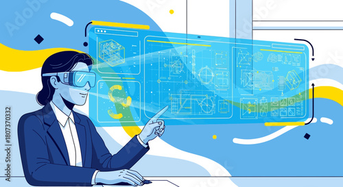 Innovative design process with virtual reality glasses showcasing project analysis blueprints