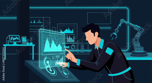 Innovative engineer interfacing with futuristic data display in high tech research lab