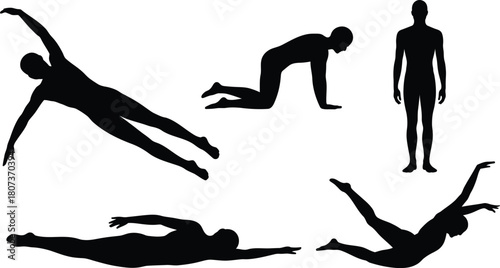 Black silhouettes of human figures in various poses on white background
