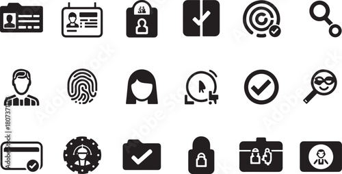 Collection of Business and Security Related Icons Including ID Card Fingerprint Lock and Magnifying Glass