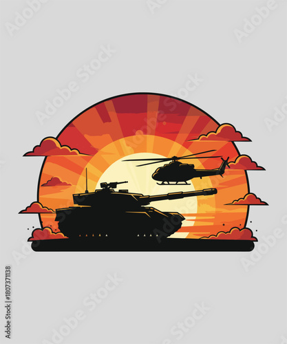Military tank and helicopter in dramatic sunset scene silhouette design for power and defense concepts