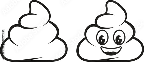Funny poop outline icon set. Black pile of poo emoji with a big smile and big eyes, presenting a cheerful and humorous concept isolated on transparent background. Vector illustration.