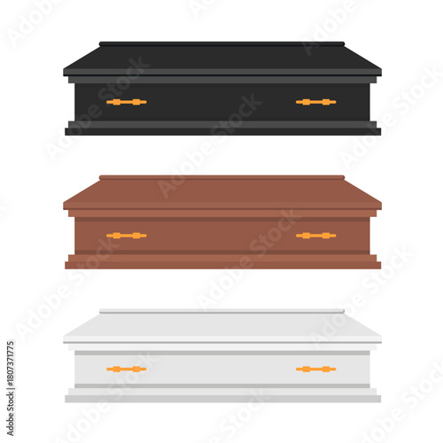 Set of wooden coffin for funeral ceremony isolated on white background. Vector stock
