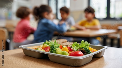 Healthy school lunch tray with fresh vegetables and main course for children eating in classroom or cafeteria
