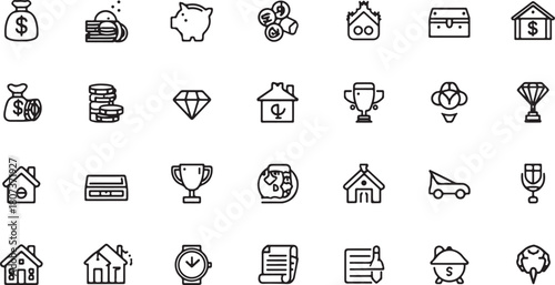 Collection of Financial and Business Related Line Icons Featuring Money Bags Coins Piggy Bank Diamond and Trophy