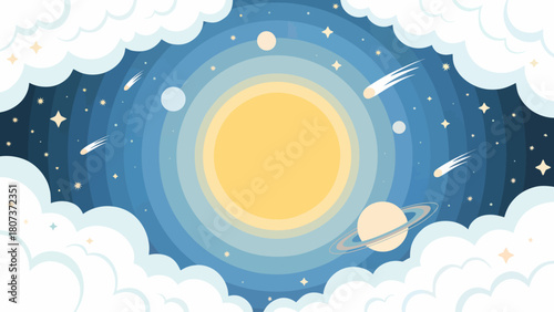 Cartoon Solar System Landscape with Sun Planets Stars and Clouds a Cosmic Background with Comets