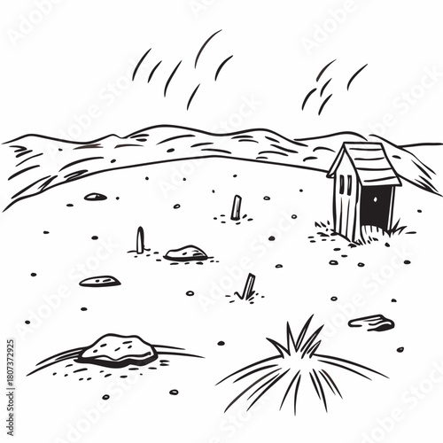An outhouse in a barren landscape, isolated on