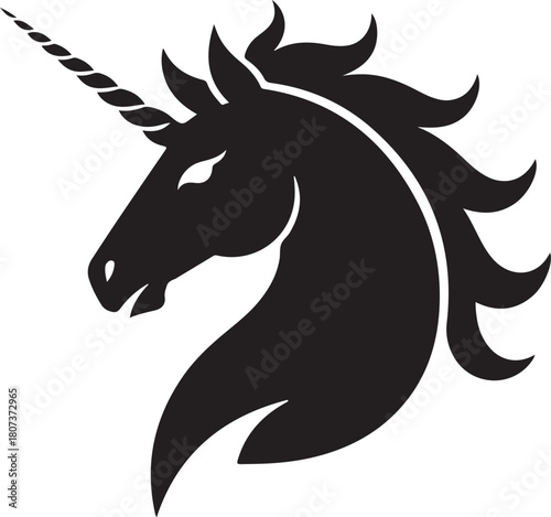 Black silhouette of a unicorn head with flowing mane and spiraled horn horse white