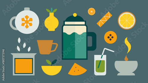Hot toddy ingredients and drinks including kettle, honey, lemon, and whiskey in flat colorful design