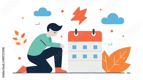 Sad man kneeling next to calendar with autumn leaves and storm icon symbolizing seasonal depression