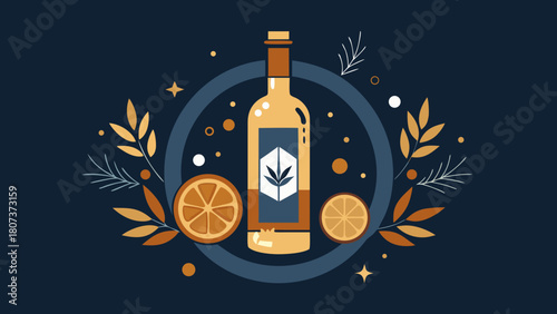 Hot toddy drink bottle with citrus slices and herbs on dark background in flat modern style