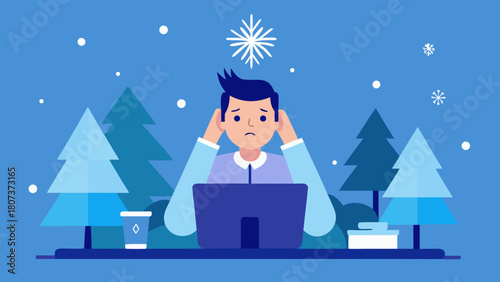 Stressed man working on laptop in winter forest surrounded by snow and pine trees