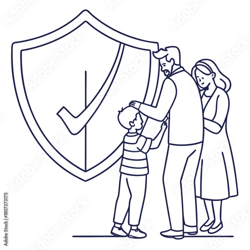 Family standing in front of a shield isolated on