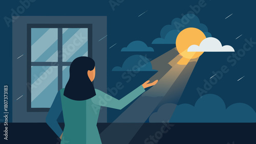 Woman reaching toward sunlight through clouds from dark room symbolizing hope during seasonal depression