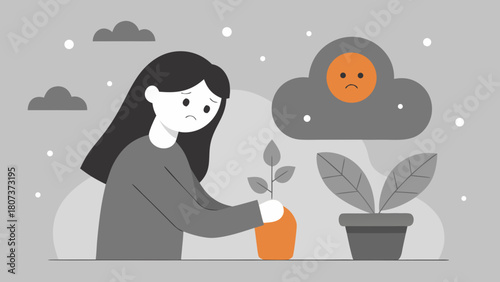 Sad woman caring for plants under gloomy sky representing seasonal affective disorder in flat style