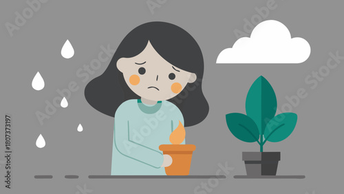Sad girl holding a wilted plant with raindrops and cloud symbolizing seasonal affective disorder