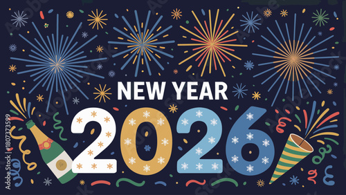 Cheerful New Year 2026 Celebration Design with Fireworks and Festive Elements for Holiday Greetings and Invitations