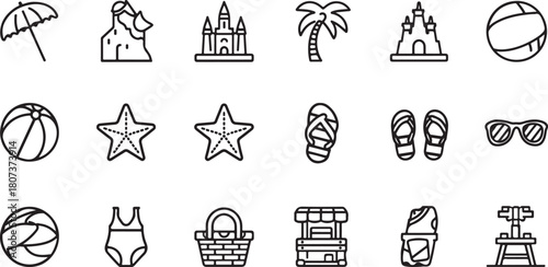 Set of Black and White Line Art Icons for Beach and Summer Vacation Activities umbrella beach umbrella