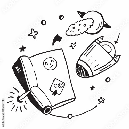 Open book with space doodles isolated on, whimsical drawing