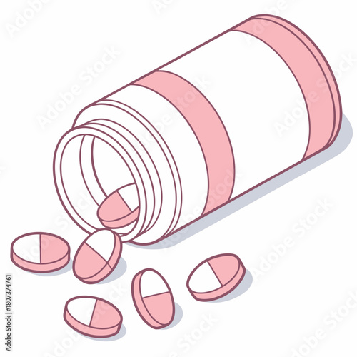Pink and white pill bottle with pills spilling out isolated on