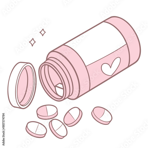 Pink pill bottle with heart and pills spilling out isolated on