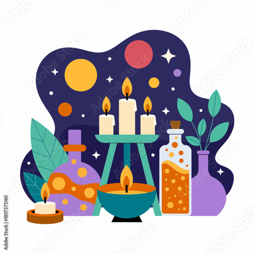 Magical still life with candles potions and cosmic background for spiritual practices and esoteric rituals creating a calming atmosphere and positive energy