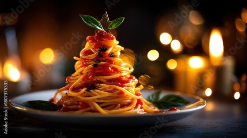 Spaghetti with tomato sauce in the shape of a Christmas tree on a plate against a blurred background of candles, with a warm color palette, food photography, commercial photography.
