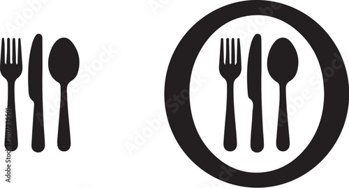 Black Silhouette Icons Of Fork Knife Spoon And Plate With Cutlery Set On White Background Keywords: cutlery, fork, knife, spoon, plate, icon, symbol, restaurant, also transparent background