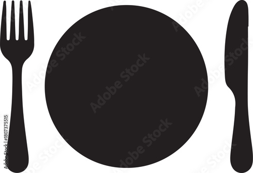 Black Silhouette of a Plate with Fork and Knife for Dining and Restaurant Concepts Keywords: plate, fork, knife, dining, restaurant, food, meal, eating, cutlery, also transparent background