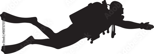 Black Silhouette of a Scuba Diver with Tank and Fins diving underwater also transparent background