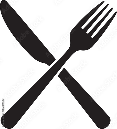 Black Silhouette of Crossed Knife and Fork cutlery silverware also transparent background