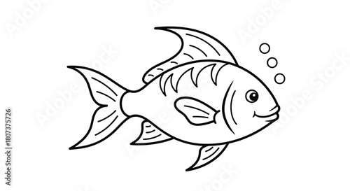Simple black and white line art illustration of a swimming fish with bubbles on a white background.