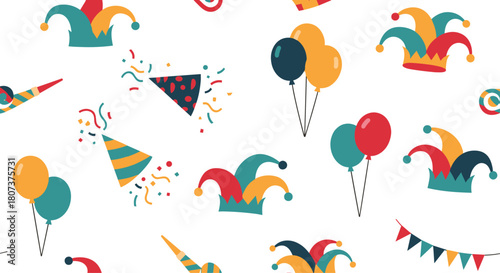 Colorful seamless pattern for a celebration with festive party hats jester hats and balloons.