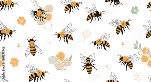 Charming seamless pattern with busy bees flying around golden honeycombs and delicate white flowers.