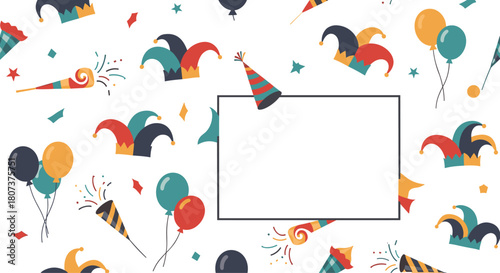 Festive party invitation or frame background with jester hats balloons confetti and a blank space.