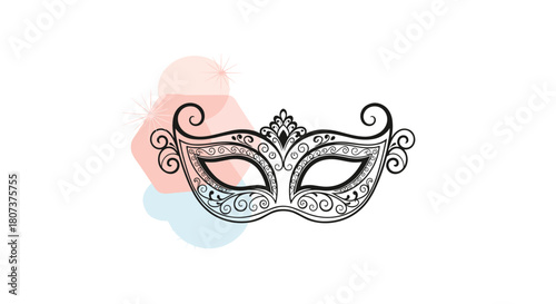Ornate black and white venetian carnival mask with feathers on a background of soft watercolors.