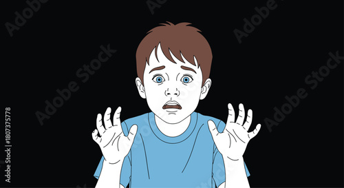Cartoon illustration of a young boy with blue eyes looking extremely scared and surprised.