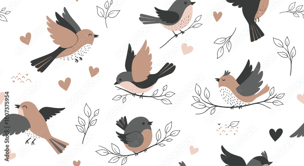 Obraz premium Elegant seamless pattern with small gray birds perched on delicate branches with green leaves.