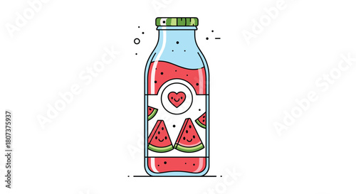 Cute watermelon and strawberry smoothie in a glass bottle with a smiling face character design.