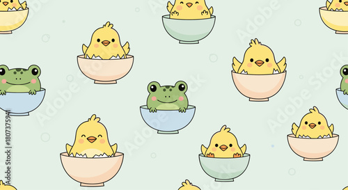 Adorable seamless pattern for children featuring cute little yellow chicks and green frogs in bowls.