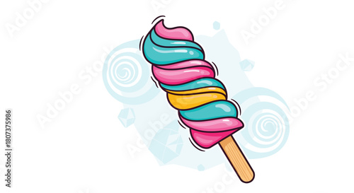 A colorful rainbow swirled ice pop or popsicle isolated on a plain white background design.