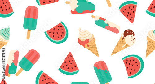 Vibrant seamless summer pattern with colorful ice creams and juicy slices of watermelon.