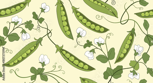 Fresh and healthy seamless pattern with green pea pods and delicate white pea flowers.