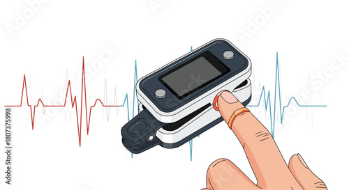 Medical illustration of a finger inserted into a pulse oximeter showing a normal heartbeat reading.